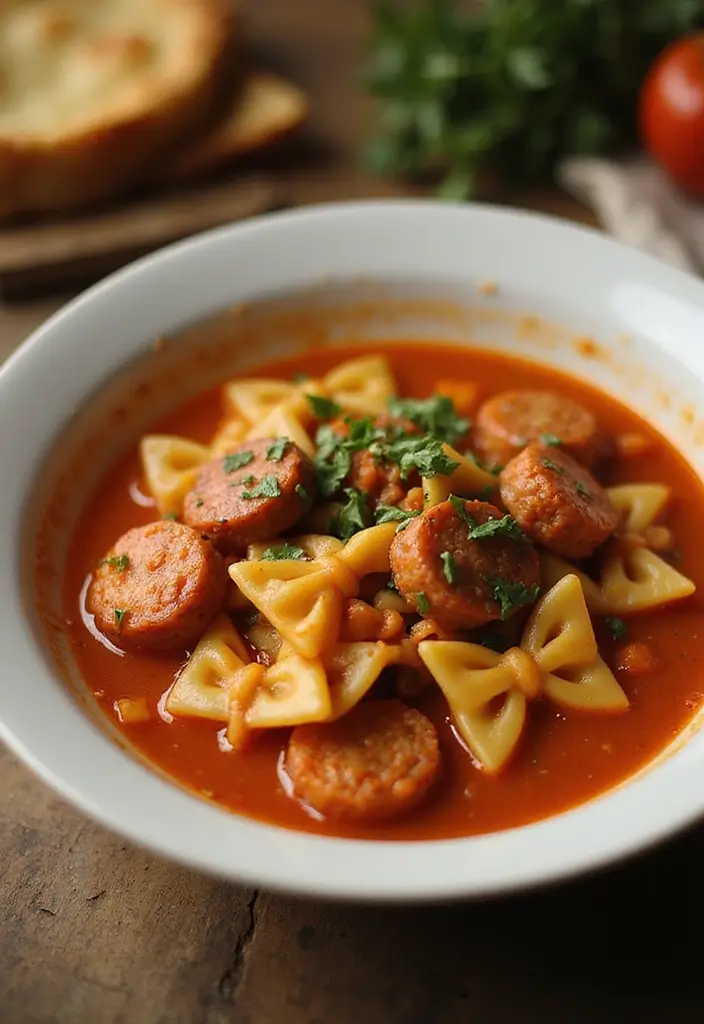 25 Bow Tie Pasta Soup Recipes for Warm, Cozy Days 133 25 Bow Tie Pasta Soup Recipes for Warm, Cozy Days - 23. Spicy Sausage and Bow Tie Pasta Soup