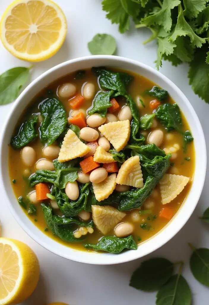 25 Bow Tie Pasta Soup Recipes for Warm, Cozy Days 11 25 Bow Tie Pasta Soup Recipes for Warm, Cozy Days - 3. Spinach and White Bean Bow Tie Pasta Soup