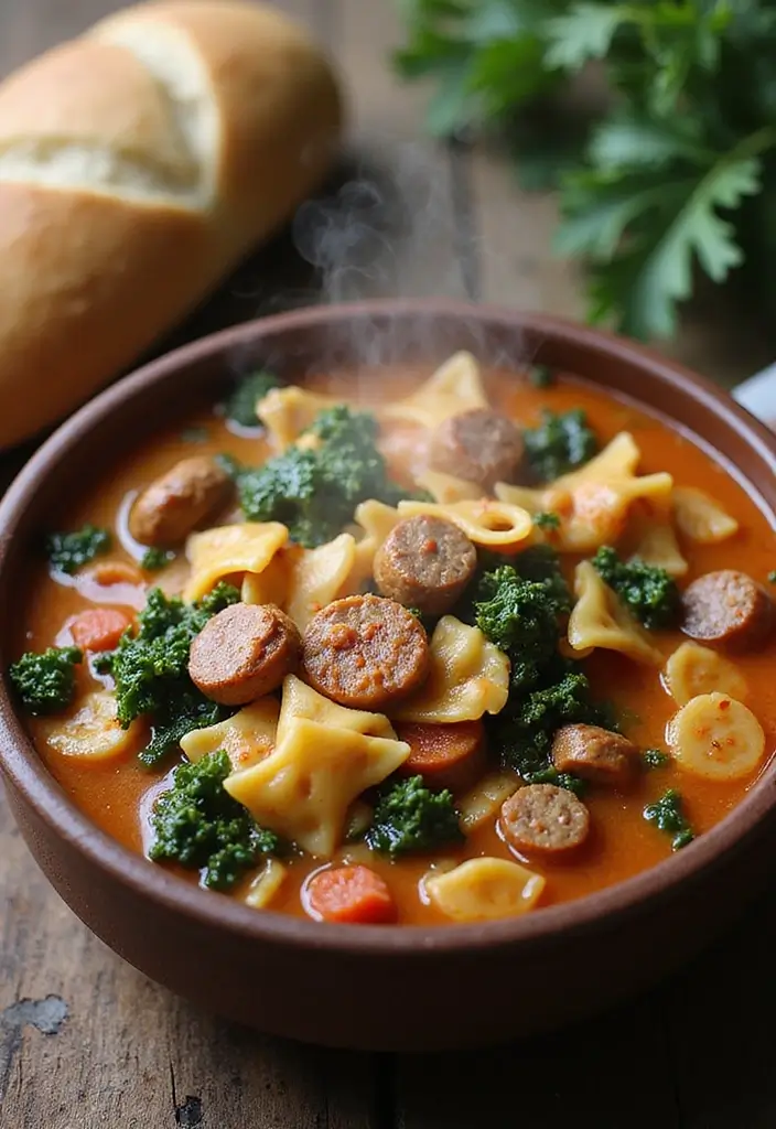 25 Bow Tie Pasta Soup Recipes for Warm, Cozy Days 16 25 Bow Tie Pasta Soup Recipes for Warm, Cozy Days - 4. Italian Sausage and Kale Bow Tie Pasta Soup
