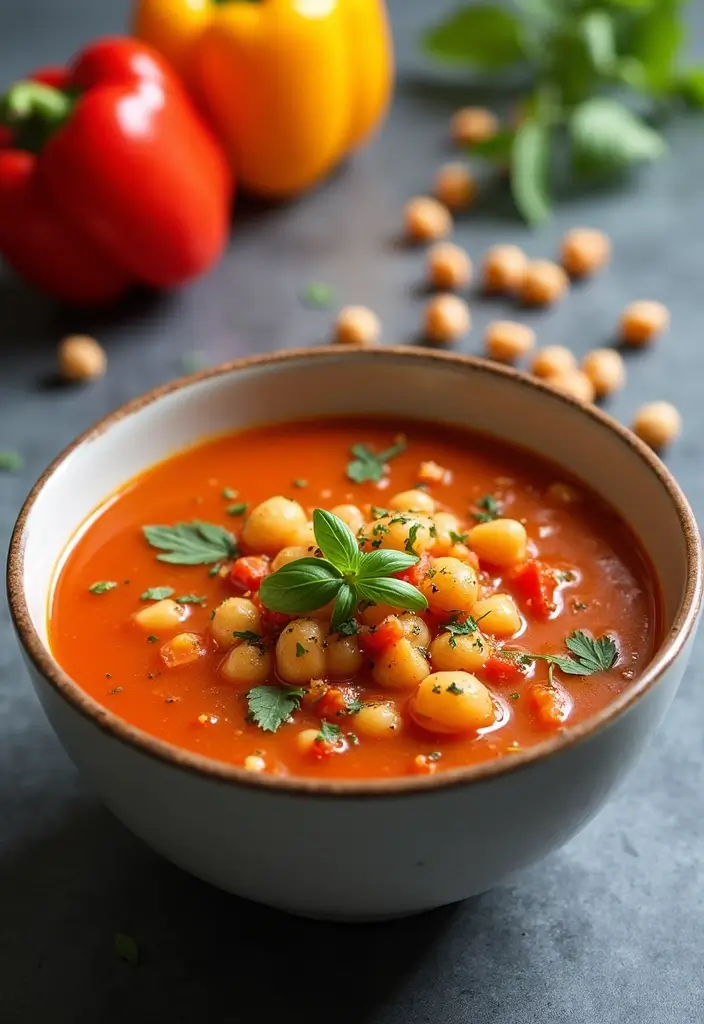 25 Bow Tie Pasta Soup Recipes for Warm, Cozy Days 23 25 Bow Tie Pasta Soup Recipes for Warm, Cozy Days - 5. Roasted Red Pepper and Chickpea Bow Tie Pasta Soup
