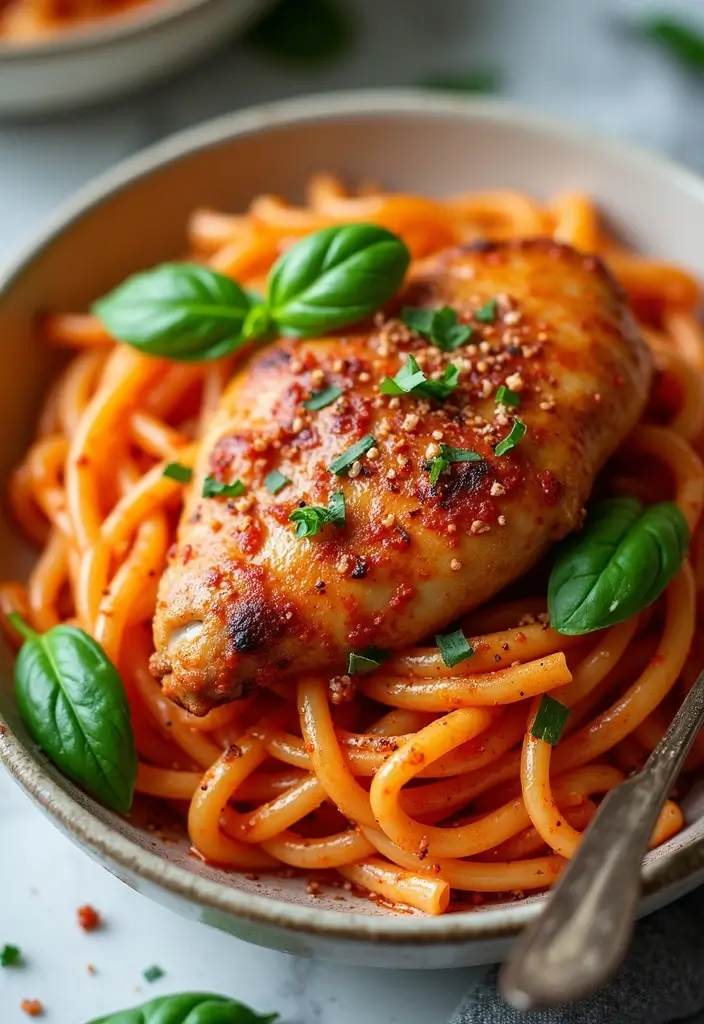 25 Chicken Thigh Pasta Recipes That Are Juicy and Delicious 13 25 Chicken Thigh Pasta Recipes That Are Juicy and Delicious - 3. Spicy Tomato Basil Chicken Thigh Pasta