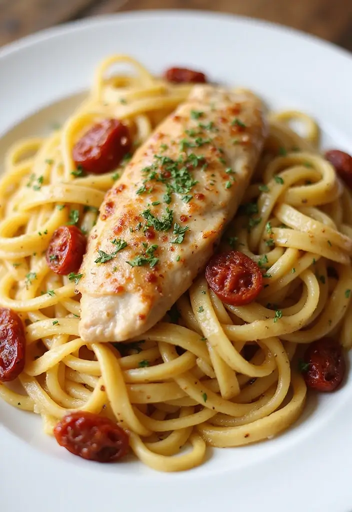 25 Easy Chicken Pasta Recipes for Quick Garlic Butter Dinners 112 25 Easy Chicken Pasta Recipes for Quick Garlic Butter Dinners - 20. Garlic Butter Chicken Pasta with Sun-Dried Tomatoes