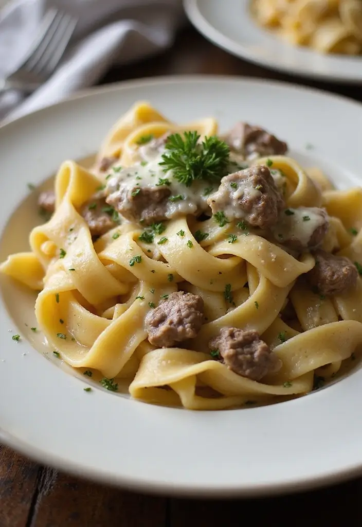 25 Hamburger Meat Pasta Recipes for Quick, Filling Meals 115 25 Hamburger Meat Pasta Recipes for Quick, Filling Meals - 21. One-Pot Beefy Fettuccine Alfredo