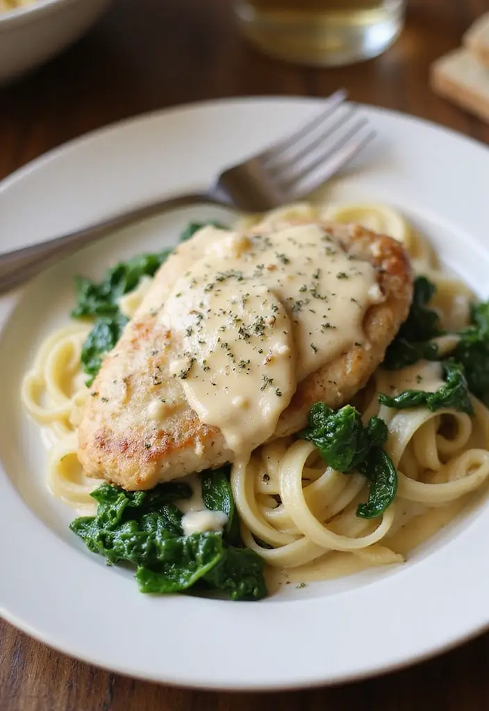 26 Easy Chicken and Pasta Recipes for Quick Family Dinners 8 26 Easy Chicken and Pasta Recipes for Quick Family Dinners - 2. Chicken Alfredo with Spinach