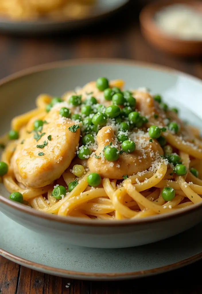 26 Easy Chicken and Pasta Recipes for Quick Family Dinners 44 26 Easy Chicken and Pasta Recipes for Quick Family Dinners - 8. Chicken Carbonara with Peas