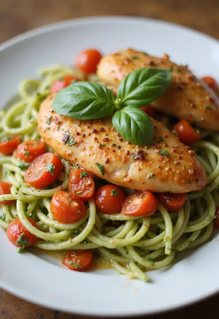 27 Low Carb High Protein Pasta Recipes for Busy Weeknights 128 27 Low Carb High Protein Pasta Recipes for Busy Weeknights - 20. Creamy Tomato Basil Chicken with Zoodles