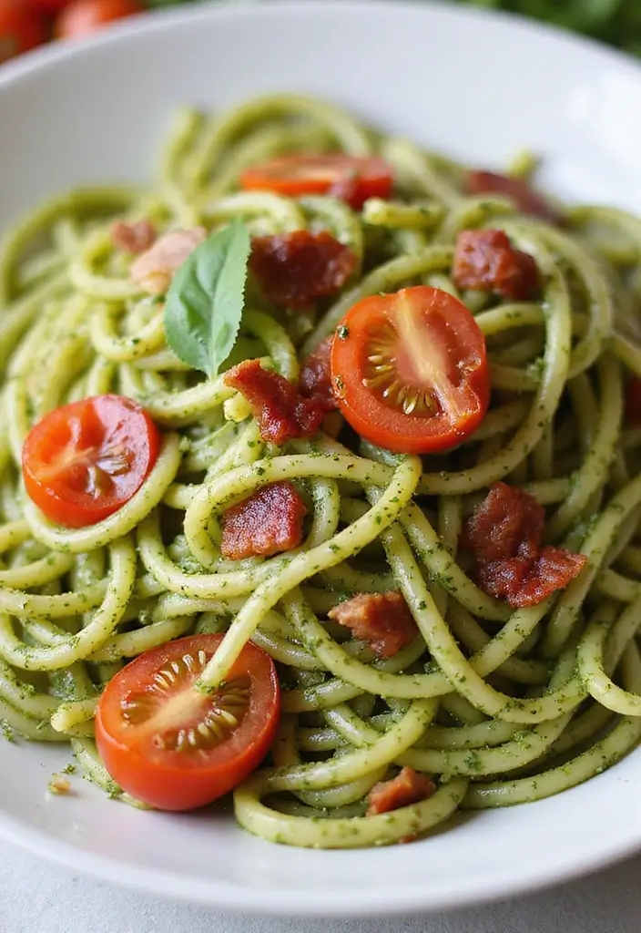 28 Easy Pasta and Bacon Recipes That Taste Incredible 103 28 Easy Pasta and Bacon Recipes That Taste Incredible - 19. Pesto Bacon Pasta