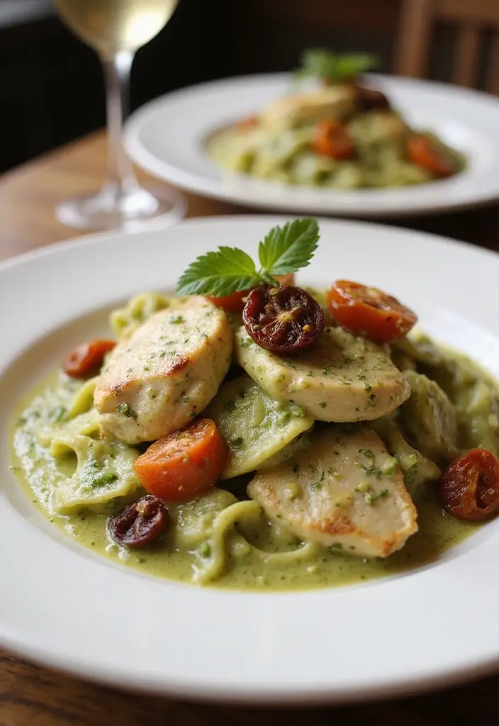 30+ Creamy Pesto Chicken Pasta Recipes Everyone Craves 50 30+ Creamy Pesto Chicken Pasta Recipes Everyone Craves - 10. Creamy Pesto Chicken Farfalle with Sun-Dried Tomatoes