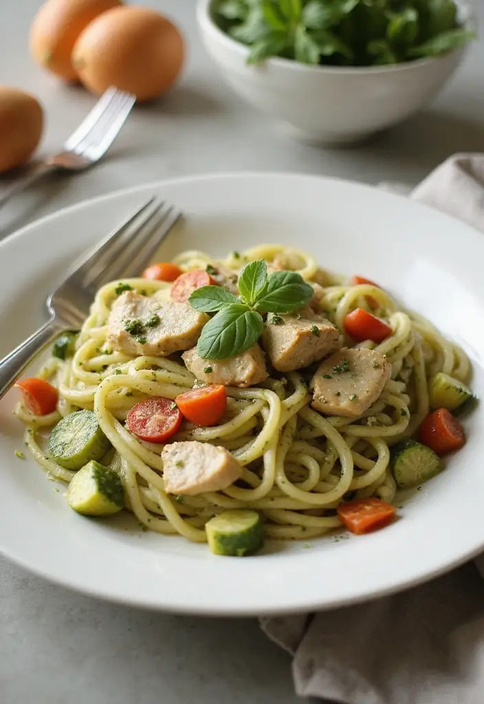 30+ Creamy Pesto Chicken Pasta Recipes Everyone Craves 176 30+ Creamy Pesto Chicken Pasta Recipes Everyone Craves - 30. Creamy Pesto Chicken Pasta with Seasonal Vegetables