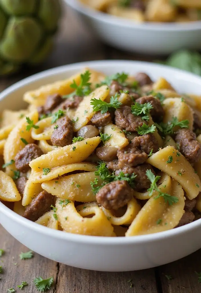 30+ One Pan Pasta Recipes with Ground Beef for Effortless Meals 77 30+ One Pan Pasta Recipes with Ground Beef for Effortless Meals - 15. Beef and Artichoke Pasta