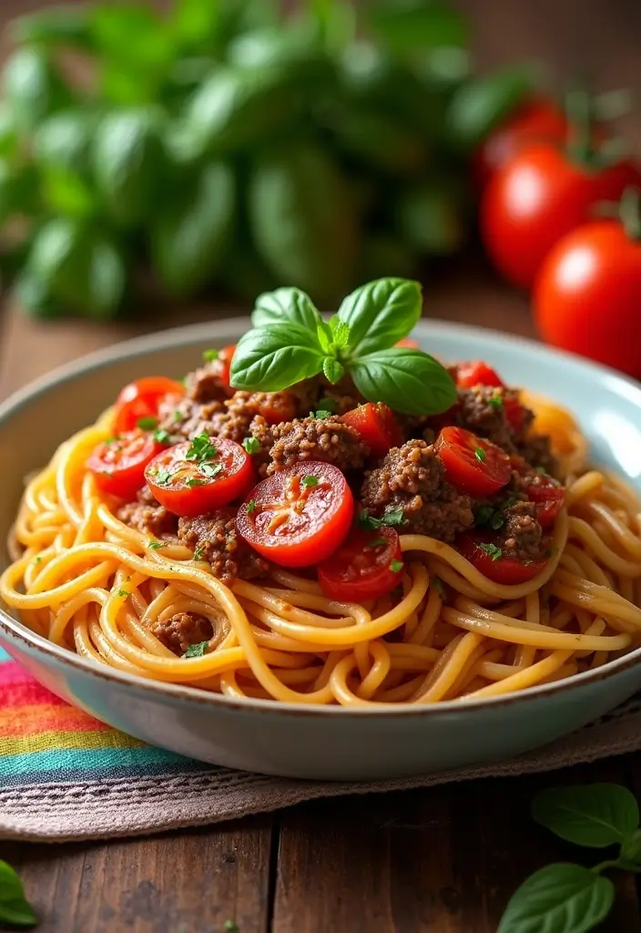 30+ One Pan Pasta Recipes with Ground Beef for Effortless Meals 6 30+ One Pan Pasta Recipes with Ground Beef for Effortless Meals - 2. Beefy Tomato and Basil Pasta