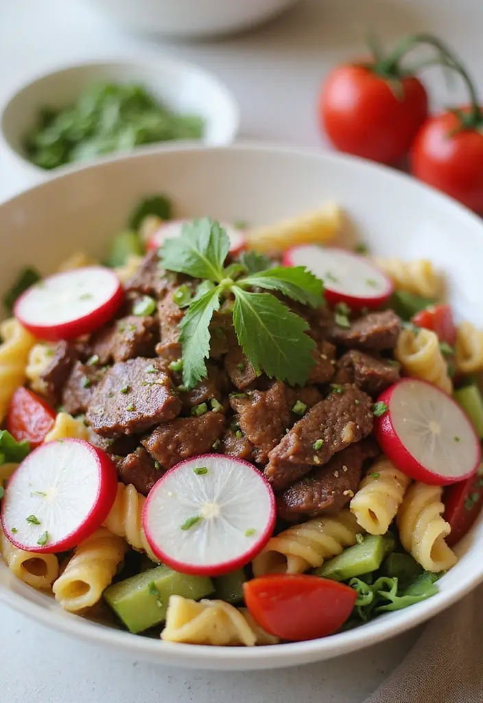 30+ One Pan Pasta Recipes with Ground Beef for Effortless Meals 107 30+ One Pan Pasta Recipes with Ground Beef for Effortless Meals - 21. Beef and Radish Pasta Salad