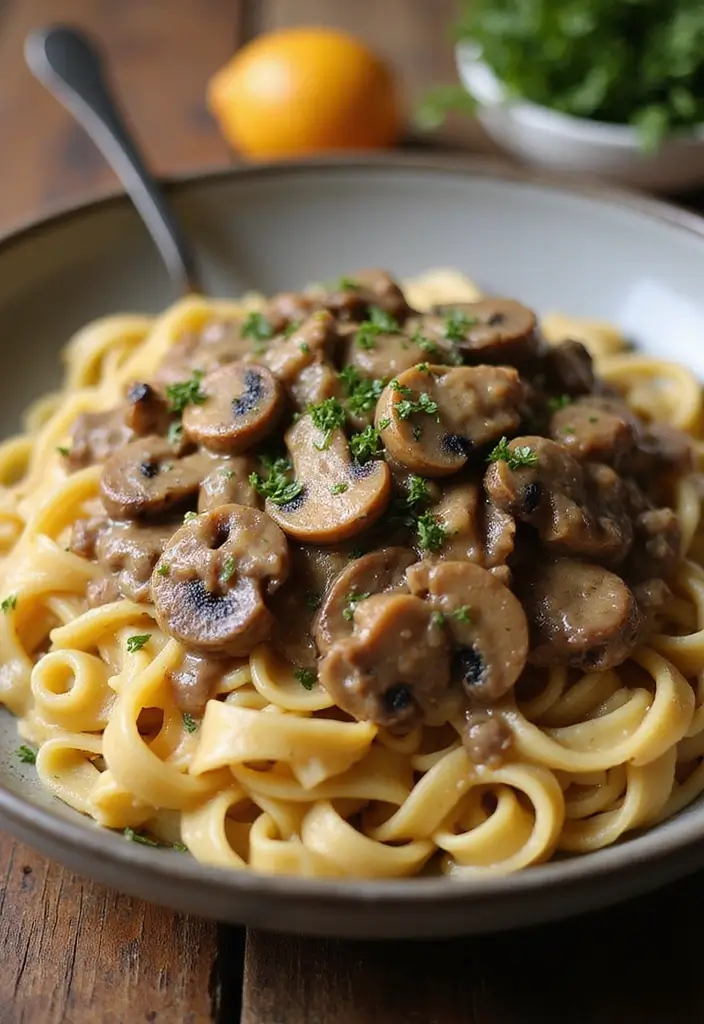 30+ One Pan Pasta Recipes with Ground Beef for Effortless Meals 128 30+ One Pan Pasta Recipes with Ground Beef for Effortless Meals - 24. Beef and Mushroom Stroganoff Pasta