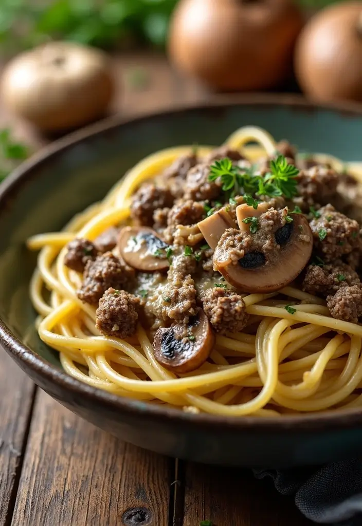 30+ One Pan Pasta Recipes with Ground Beef for Effortless Meals 11 30+ One Pan Pasta Recipes with Ground Beef for Effortless Meals - 3. Italian Beef and Mushroom Pasta
