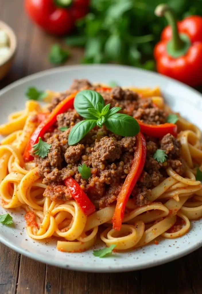 30+ One Pan Pasta Recipes with Ground Beef for Effortless Meals 16 30+ One Pan Pasta Recipes with Ground Beef for Effortless Meals - 4. Spicy Beef and Pepper Pasta