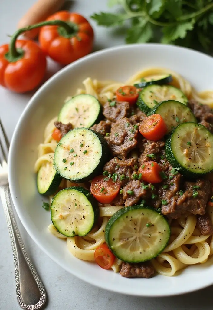 30+ One Pan Pasta Recipes with Ground Beef for Effortless Meals 33 30+ One Pan Pasta Recipes with Ground Beef for Effortless Meals - 7. Beef and Zucchini Pasta