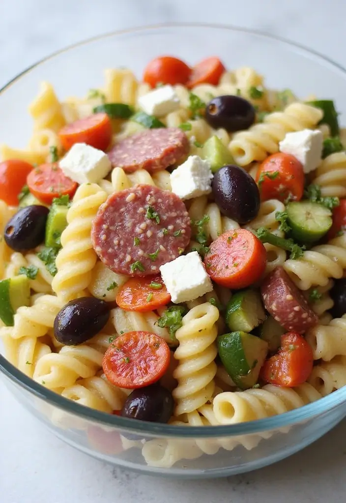 30+ Pasta Salad Recipes with Salami That Steal the Show 8 30+ Pasta Salad Recipes with Salami That Steal the Show - 2. Greek-Inspired Salami Pasta Salad