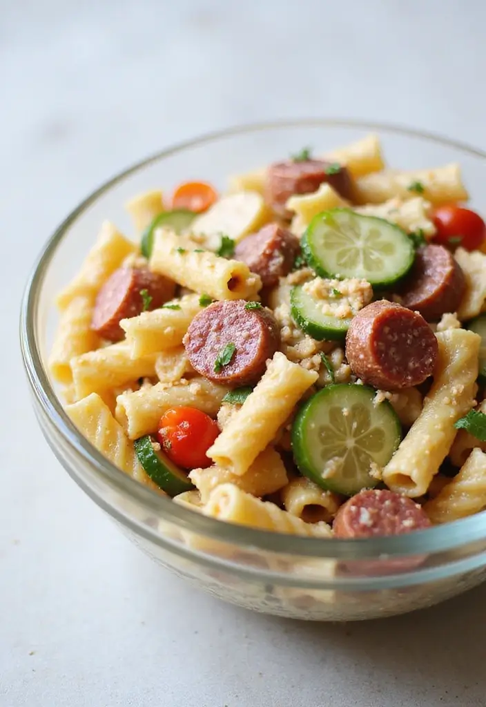 30+ Pasta Salad Recipes with Salami That Steal the Show 157 30+ Pasta Salad Recipes with Salami That Steal the Show - 25. Salami and Hummus Pasta Salad