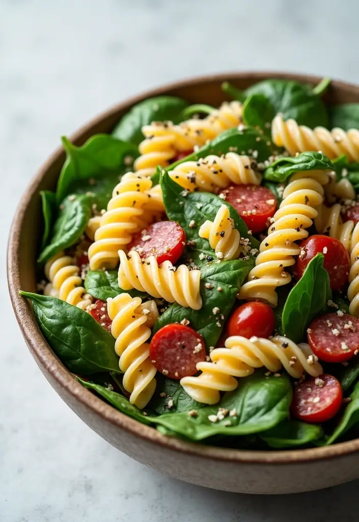 30+ Pasta Salad Recipes with Salami That Steal the Show 178 30+ Pasta Salad Recipes with Salami That Steal the Show - 28. Salami and Spinach Pasta Salad