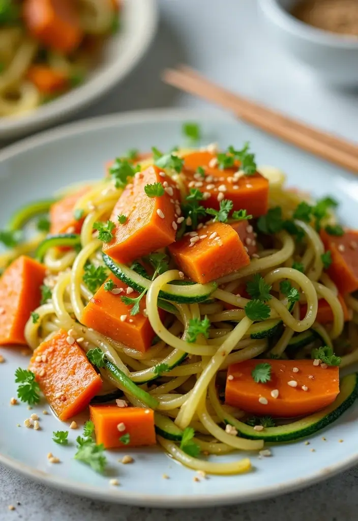 30+ Sweet Potato Pasta Recipes for Cozy Dinners 127 30+ Sweet Potato Pasta Recipes for Cozy Dinners - 21. Sweet Potato and Zucchini Noodle Stir Fry