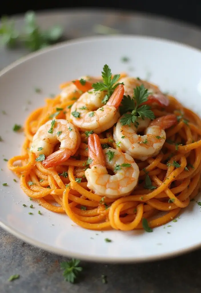 30+ Sweet Potato Pasta Recipes for Cozy Dinners 186 30+ Sweet Potato Pasta Recipes for Cozy Dinners - 30. Sweet Potato and Garlic Shrimp Pasta