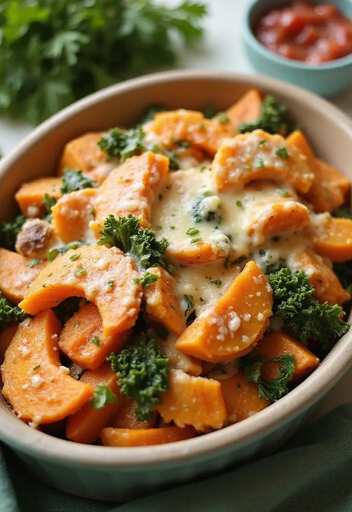 30+ Sweet Potato Pasta Recipes for Cozy Dinners 35 30+ Sweet Potato Pasta Recipes for Cozy Dinners - 7. Sweet Potato and Kale Pasta Bake