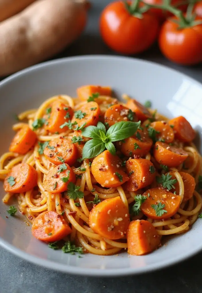 30+ Sweet Potato Pasta Recipes for Cozy Dinners 42 30+ Sweet Potato Pasta Recipes for Cozy Dinners - 8. Spicy Sweet Potato and Tomato Pasta